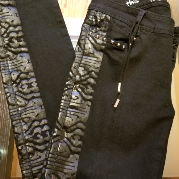 Custo Barcelona Black Embossed Jeans with Silver Gray Metallic Leg Stripe. - Picture 7 of 13